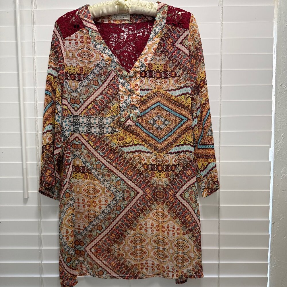 Jessica Simpson Women's colorful print A-line 3/4 sleeve bohemian blouse: No siz